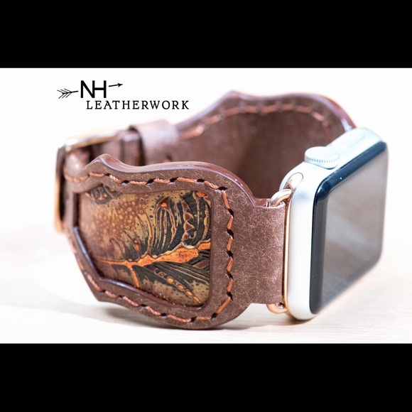 Leather Watch Band whiskey vachetta with copper feather inlay - Picture 2 of 5